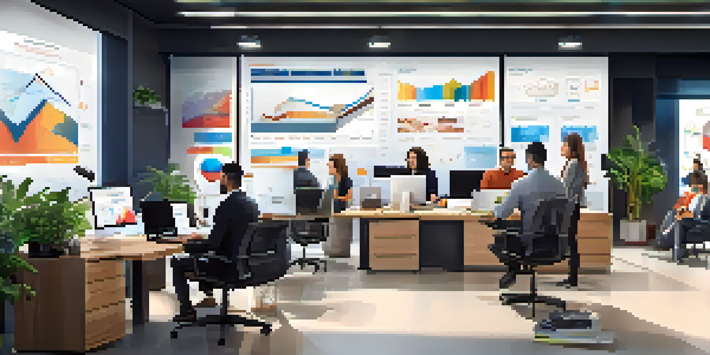 A diverse group of professionals in a modern office discussing e-commerce analytics with a large screen showing graphs.