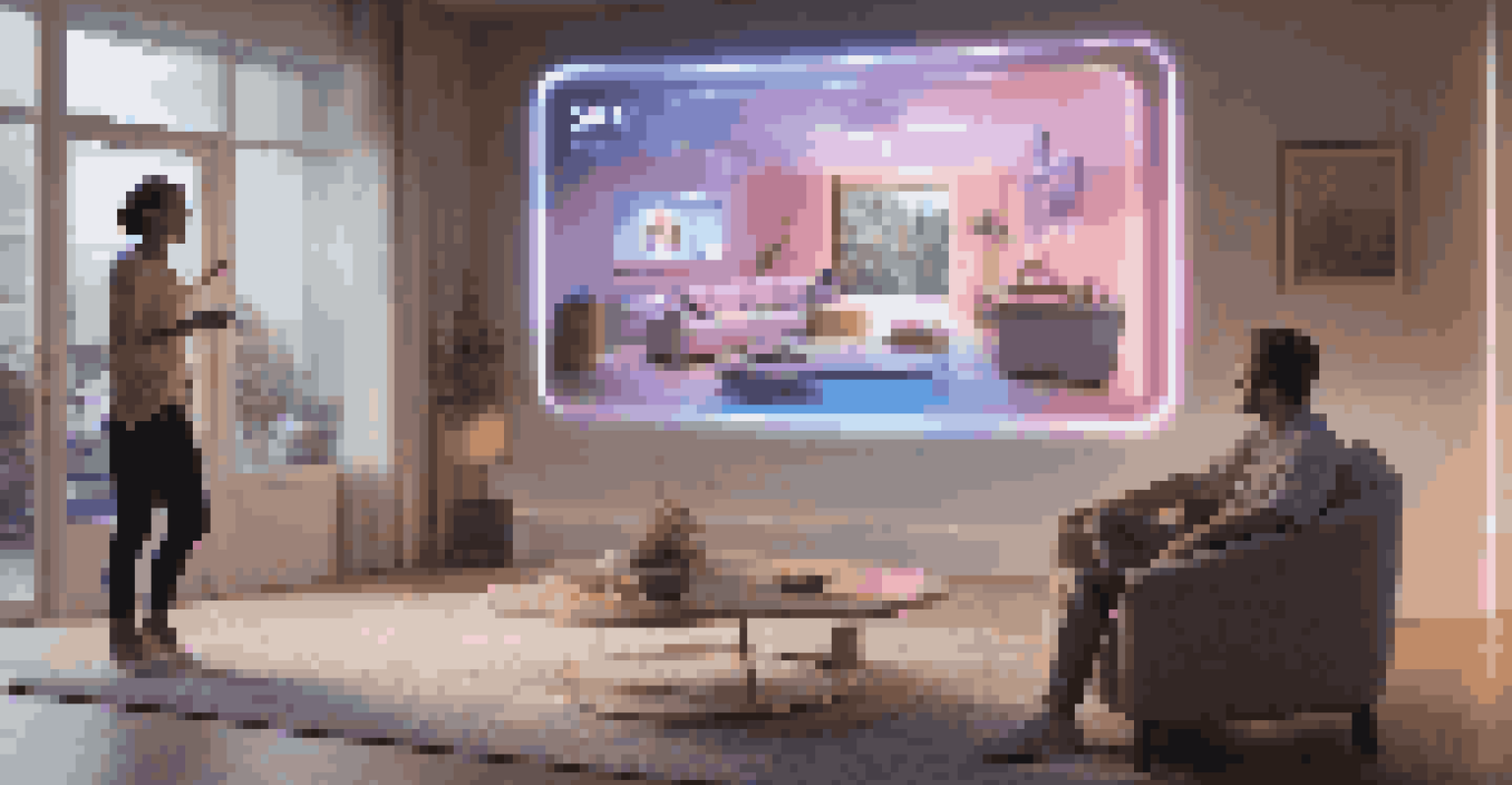 A person in a living room interacting with a 3D holographic advertisement, with warm ambient lighting showcasing the advanced technology.