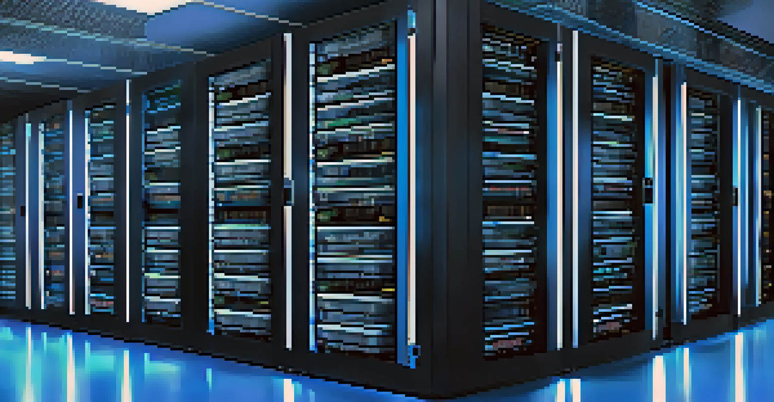 A close-up view of a modern server room with sleek servers illuminated by blue LED lights, showcasing organized cables and a tech-focused atmosphere.