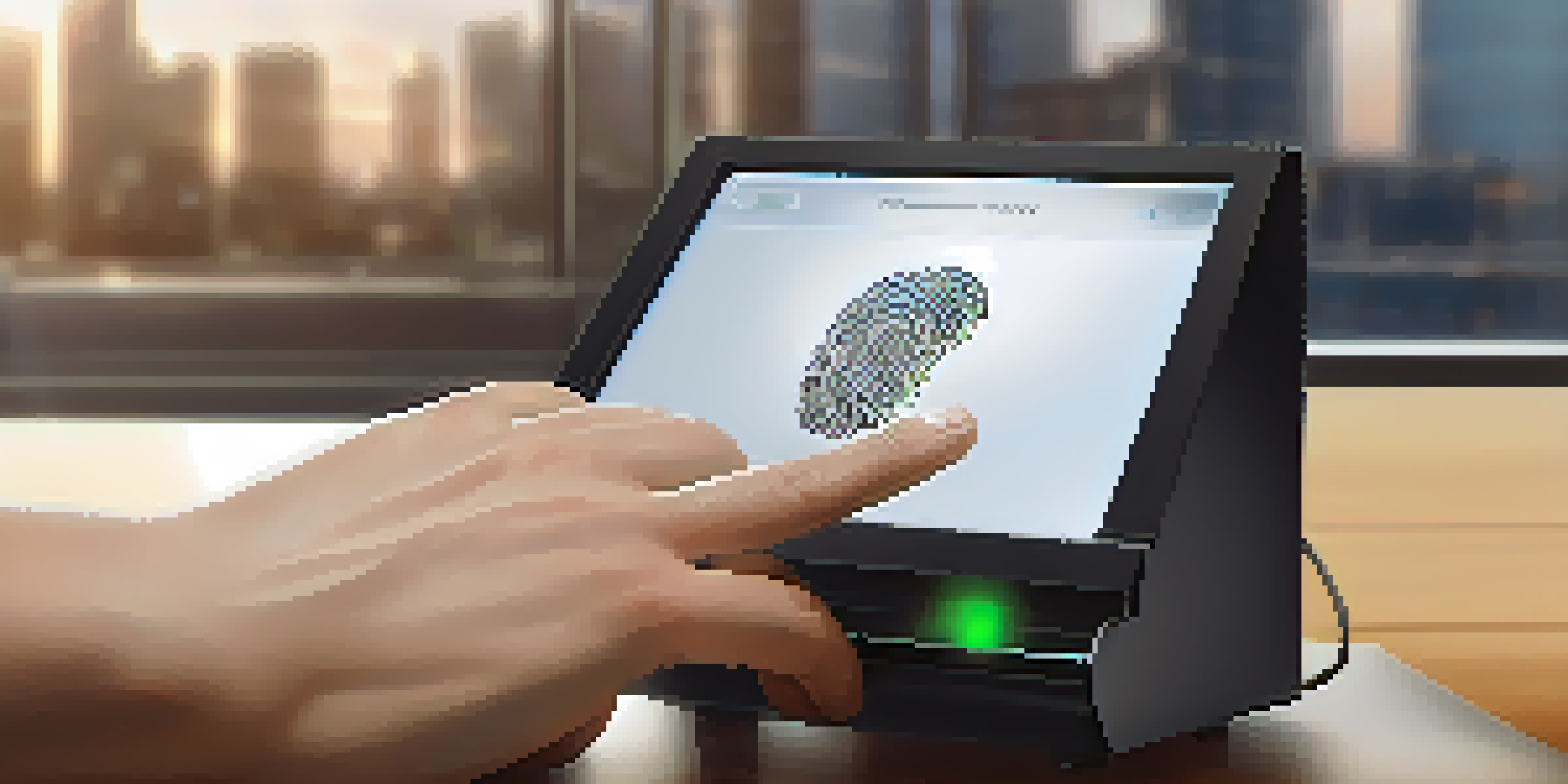 A person using a fingerprint scanner in a modern office environment, showcasing the technology and its sleek design.