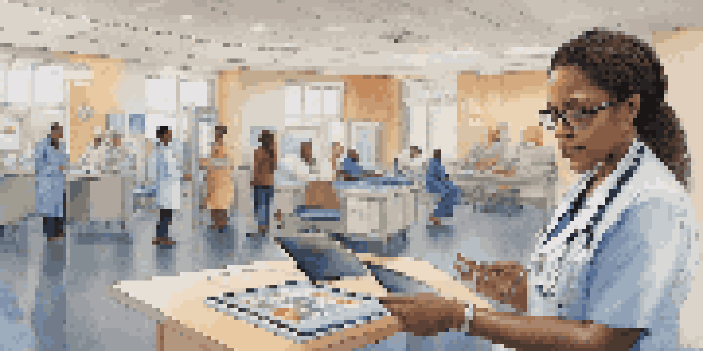 A healthcare professional using a digital tablet to analyze patient data, with visual representations of social factors in a modern clinic.