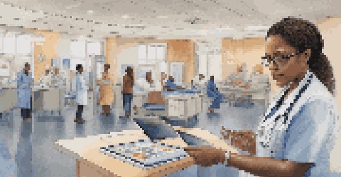 A healthcare professional using a digital tablet to analyze patient data, with visual representations of social factors in a modern clinic.