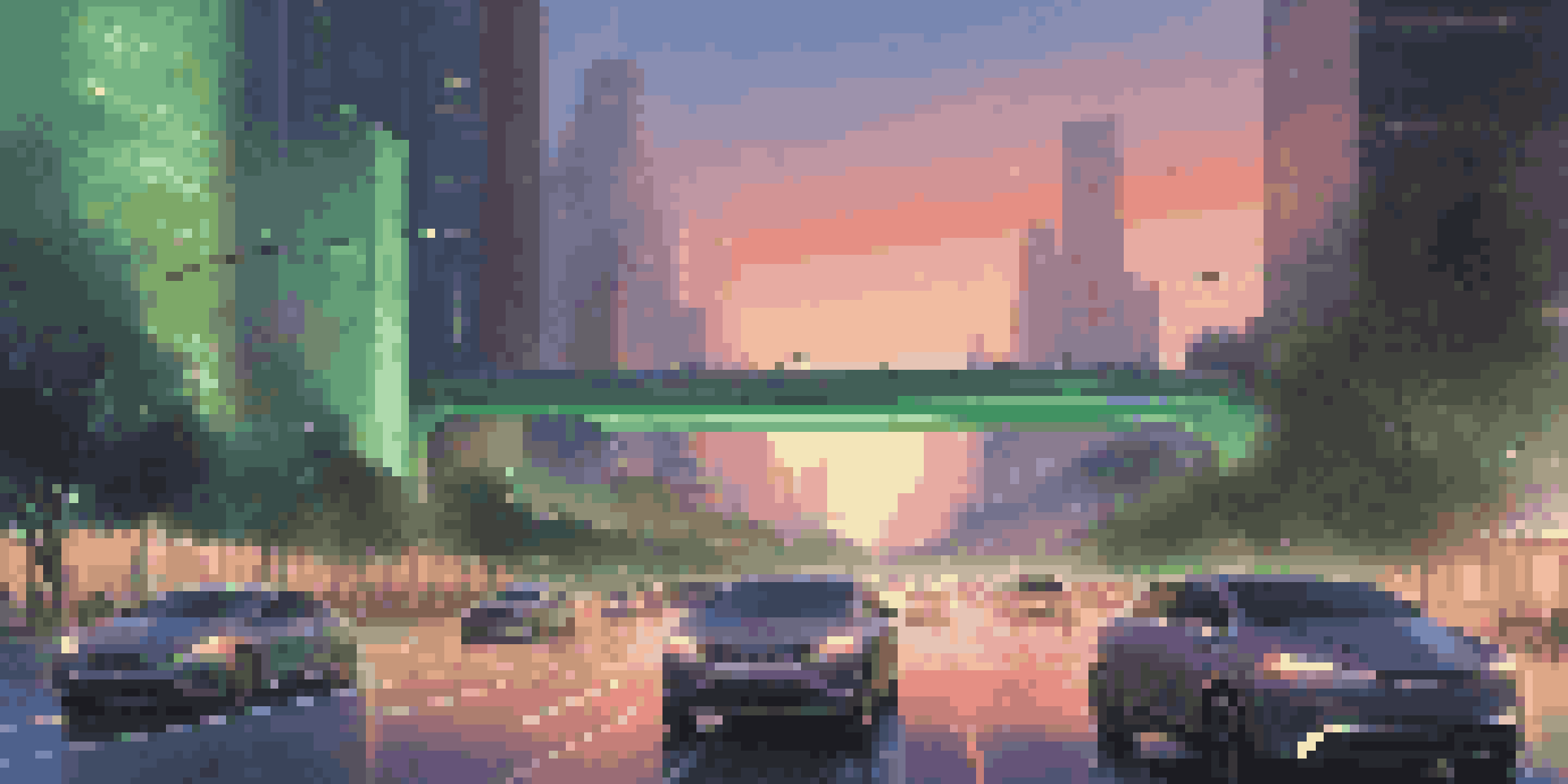 A futuristic city with self-driving cars and smart traffic lights at dusk, featuring modern buildings and greenery.