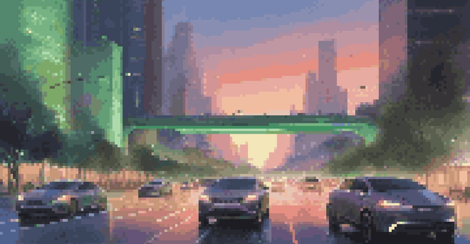 A futuristic city with self-driving cars and smart traffic lights at dusk, featuring modern buildings and greenery.