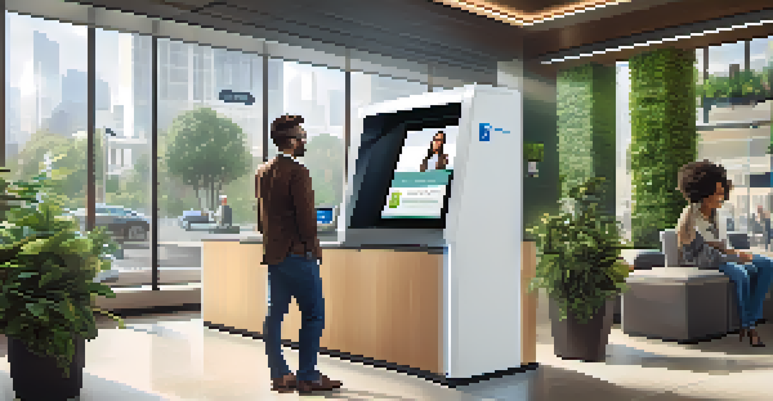 A modern bank interior with a user at a facial recognition kiosk, smiling at the camera.