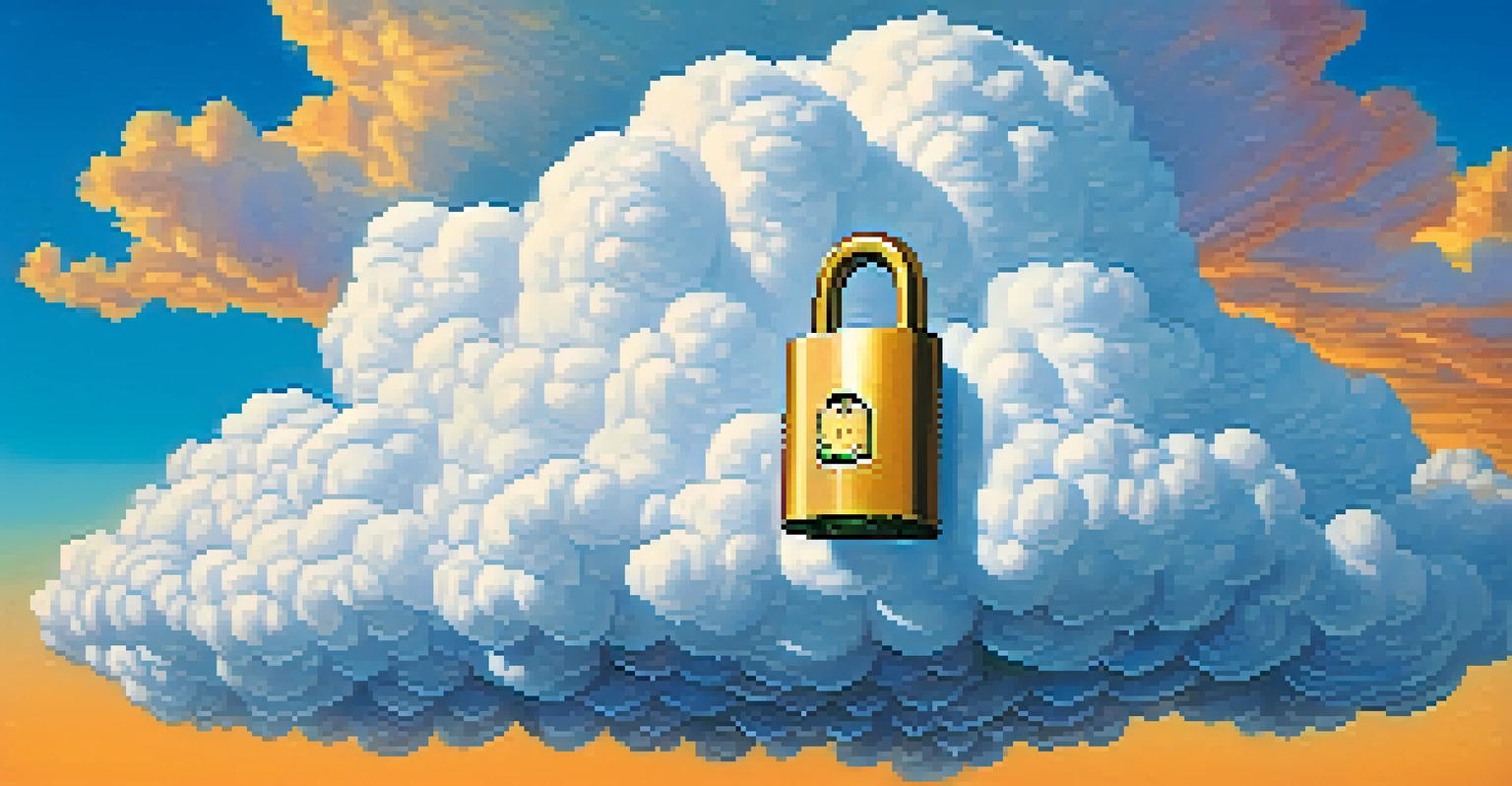 Abstract cloud with a digital padlock and colorful data packets, symbolizing cloud encryption.