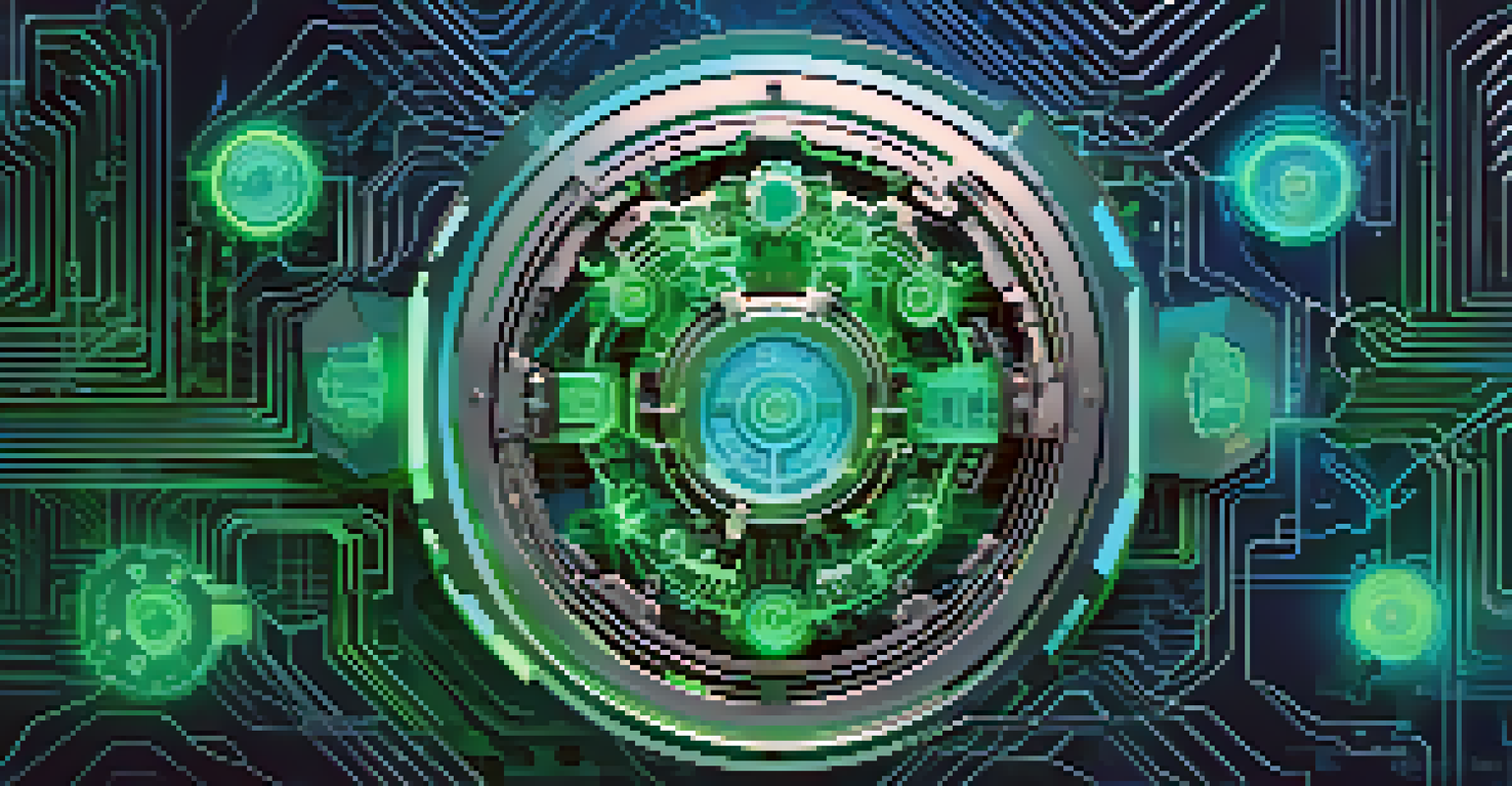 An abstract image showing gears and circuit patterns with a digital shield, representing automation and compliance management.