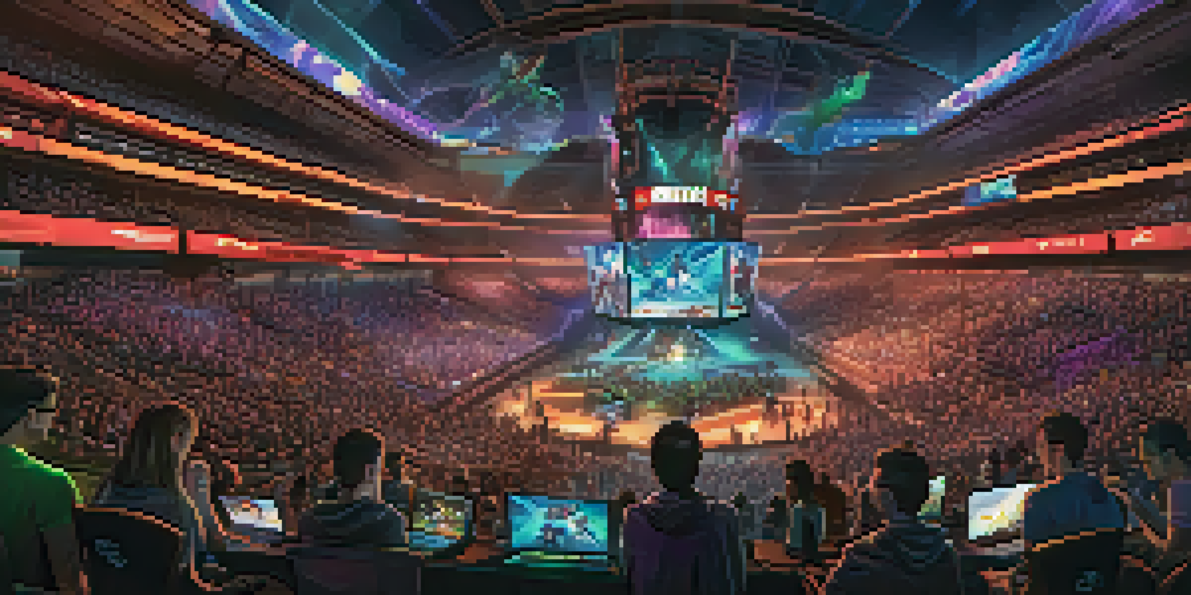 A lively e-sports arena with fans cheering and gamers competing on stage.