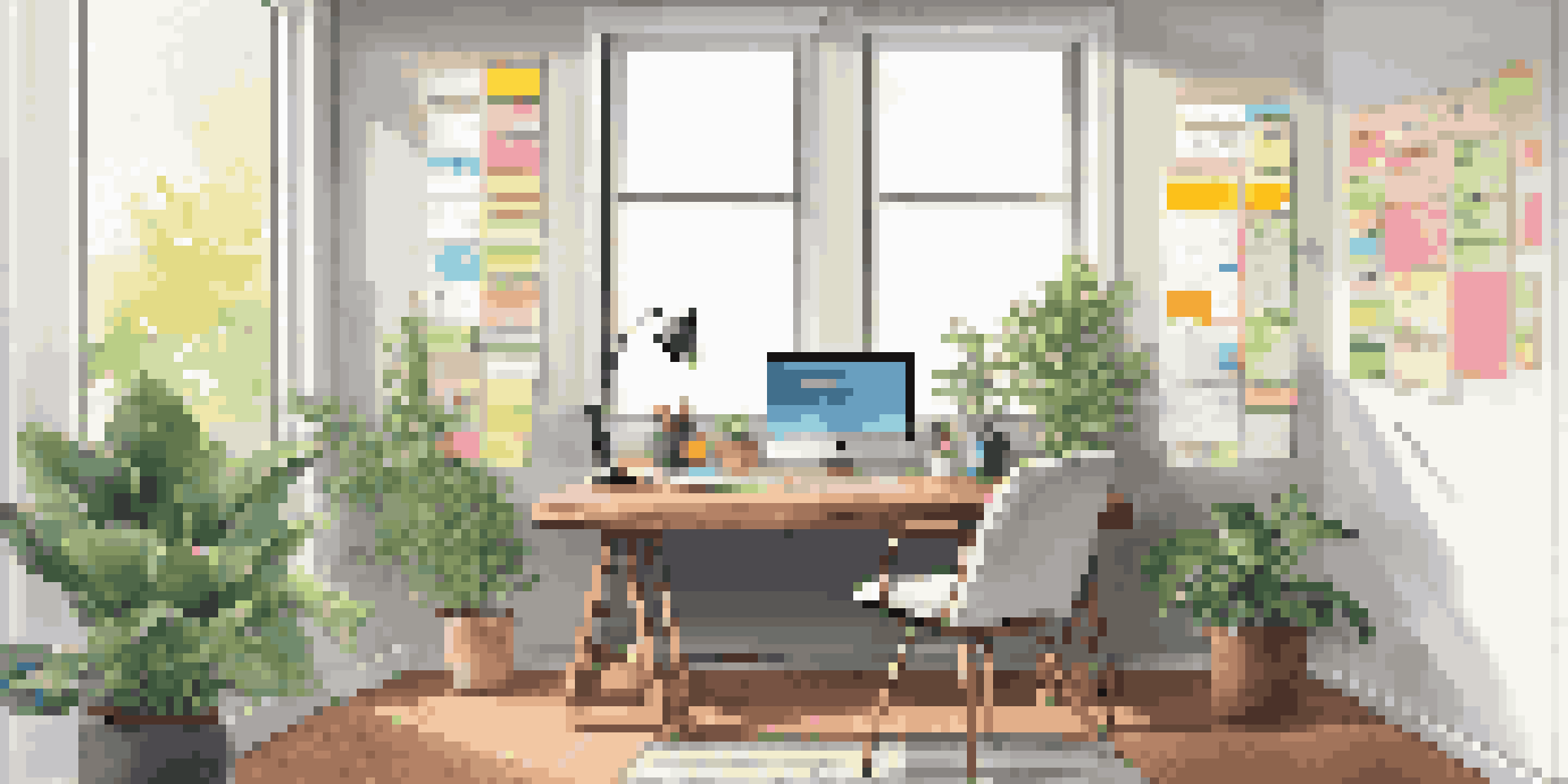 A bright and organized home office with a laptop showing a CRM dashboard, colorful post-it notes, a potted plant, and motivational quotes on the walls.