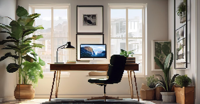 A cozy modern home office with a laptop on a desk, a plant, and a cup of coffee, bathed in natural light.