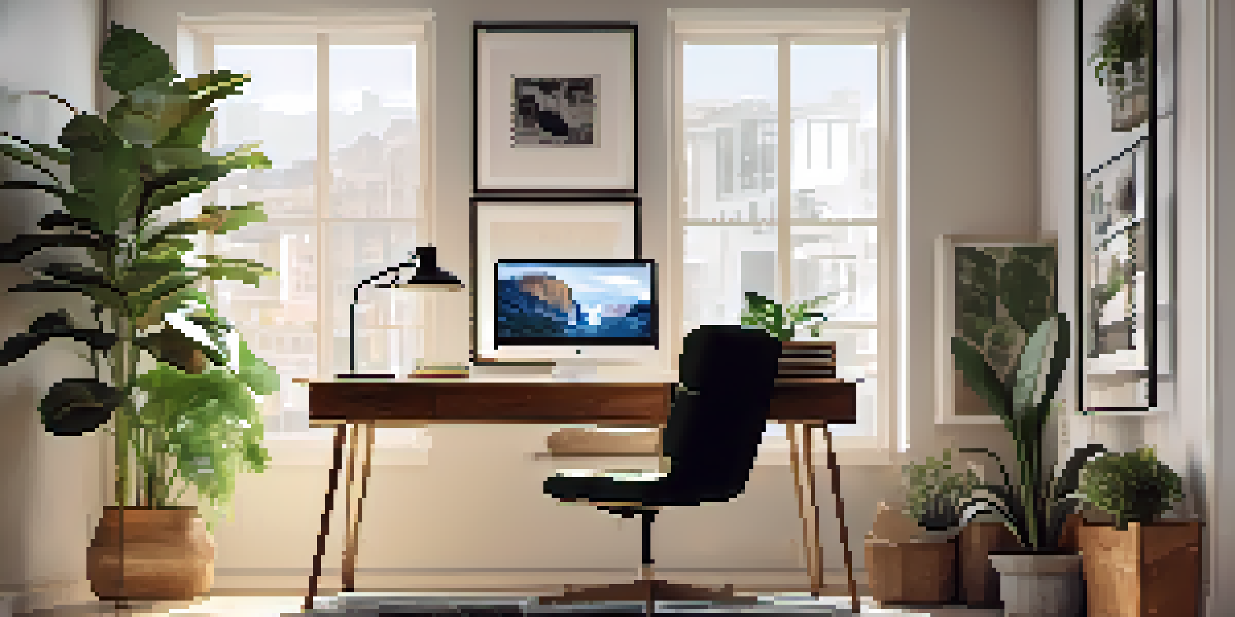 A cozy modern home office with a laptop on a desk, a plant, and a cup of coffee, bathed in natural light.