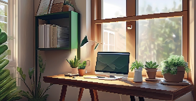 A home office with a wooden desk, laptop, coffee cup, and plant, bathed in soft natural light.