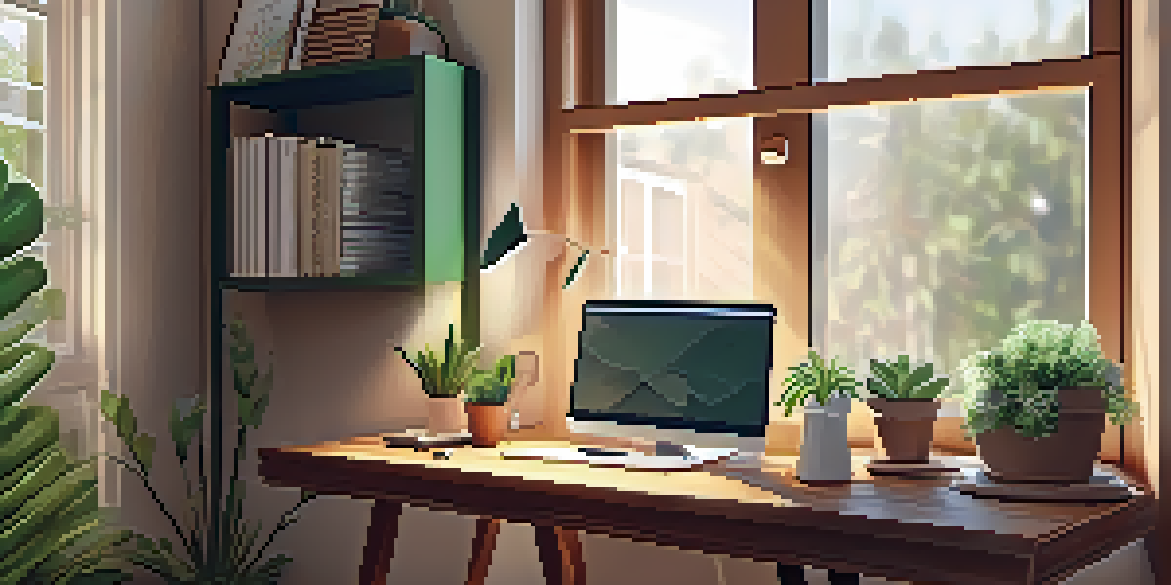 A home office with a wooden desk, laptop, coffee cup, and plant, bathed in soft natural light.