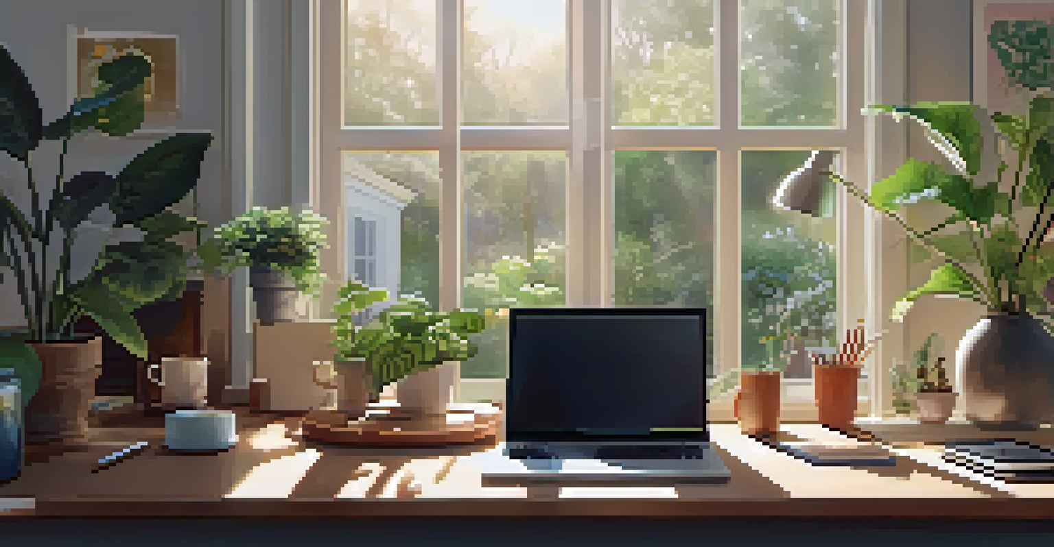 A home office with a user engaging with IoT devices, illuminated by soft natural light.