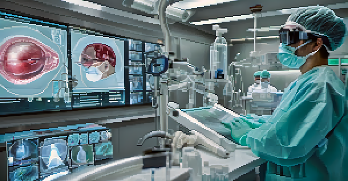 A surgeon using augmented reality glasses during surgery, with holographic displays of 3D organs and vital signs.