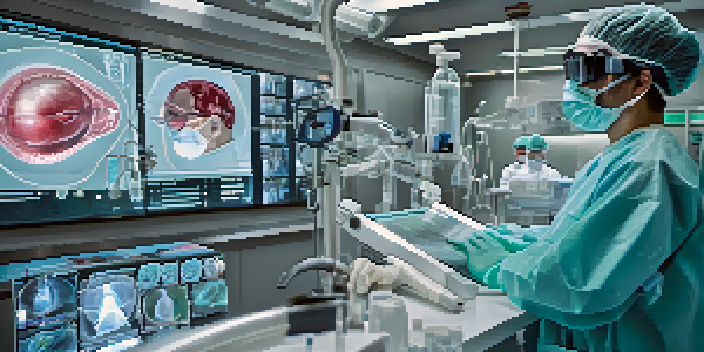 A surgeon using augmented reality glasses during surgery, with holographic displays of 3D organs and vital signs.