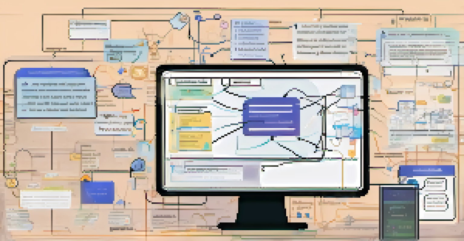 A detailed flowchart for chatbot design displayed on a computer screen with notes on a desk.