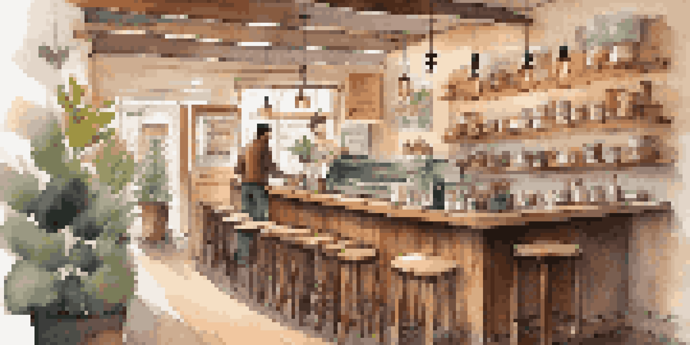 A cozy coffee shop with wooden furniture, warm lighting, and a barista preparing coffee.