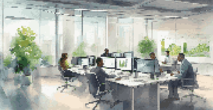A modern office environment with diverse professionals in a meeting, large windows, technology, and green plants.