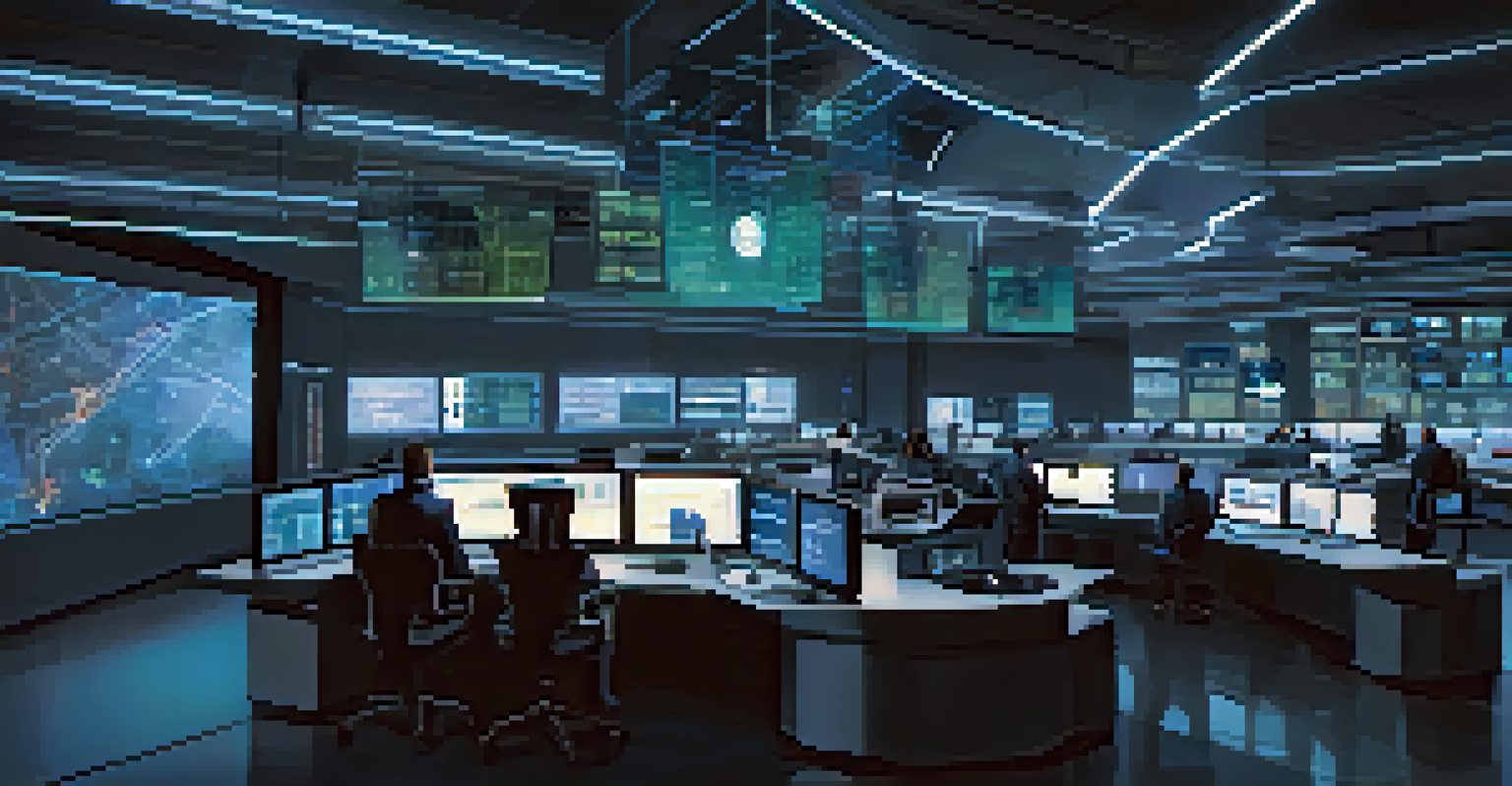A high-tech security operations center with AI-driven screens monitoring network activity, featuring analysts focused on identifying potential cyber threats.