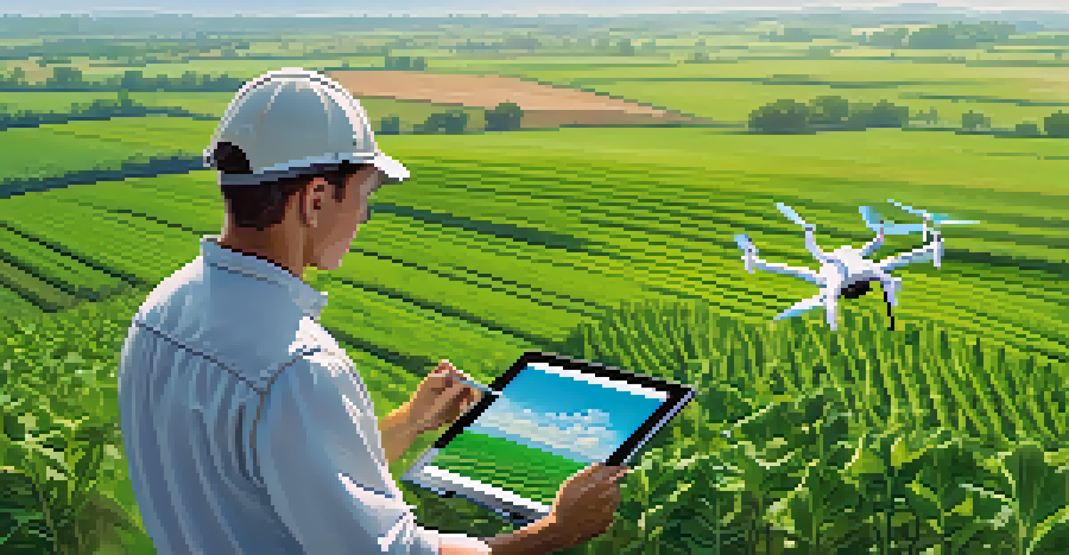 A farmer checking crop health with a tablet in a field, surrounded by drones and healthy green plants.