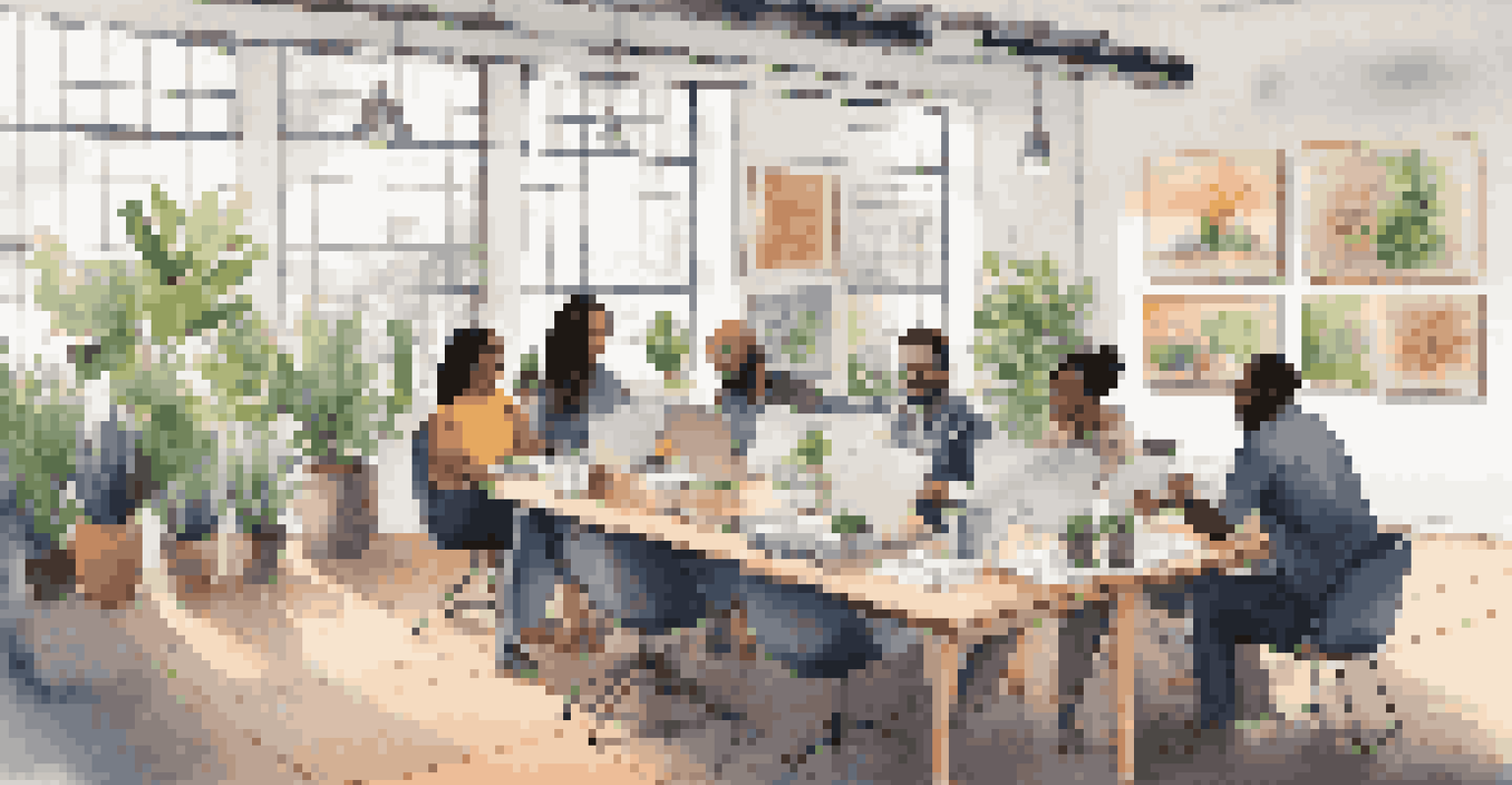 A diverse team of professionals collaborating around a conference table with laptops and notepads, in a bright and inspiring office space.