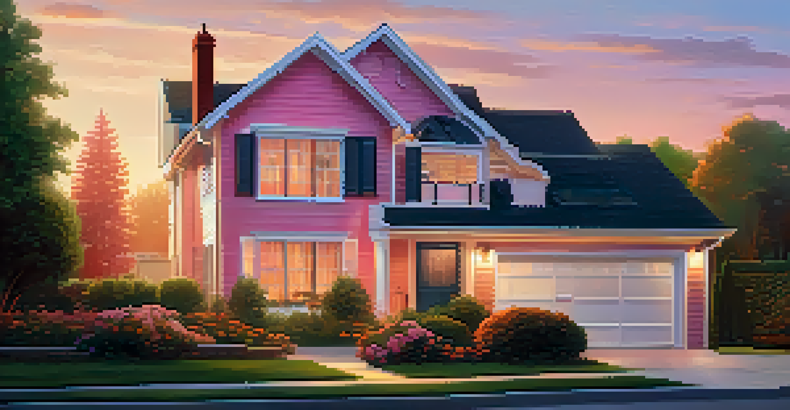 A suburban home with a security camera and a beautiful garden during sunset.