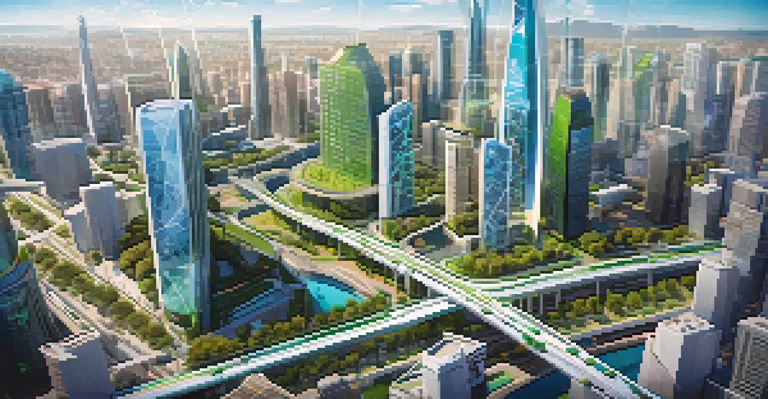 Aerial view of a smart city digital twin with animated traffic and energy flow visualizations.