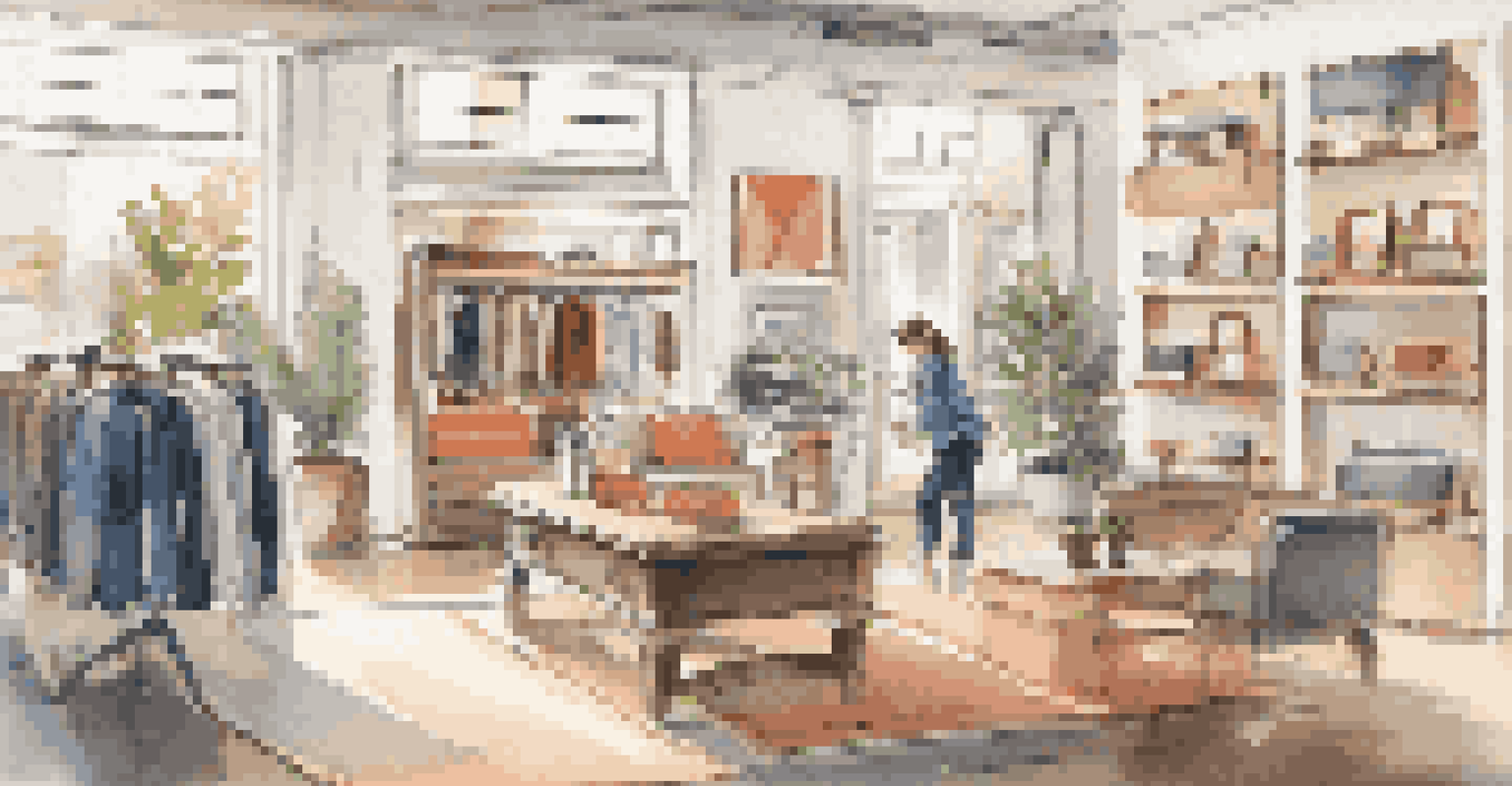 Inside a retail store, a customer uses an AR app on their phone to see how furniture looks in their space, surrounded by colorful displays.