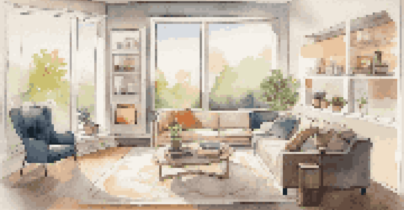 A modern living room with a smart thermostat on the wall and natural light coming through large windows.