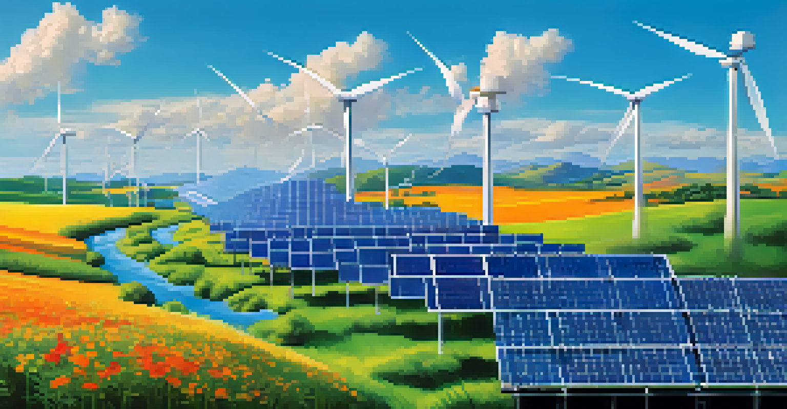 A vibrant landscape featuring solar panels and wind turbines integrated with blockchain elements, showcasing sustainability and renewable energy.