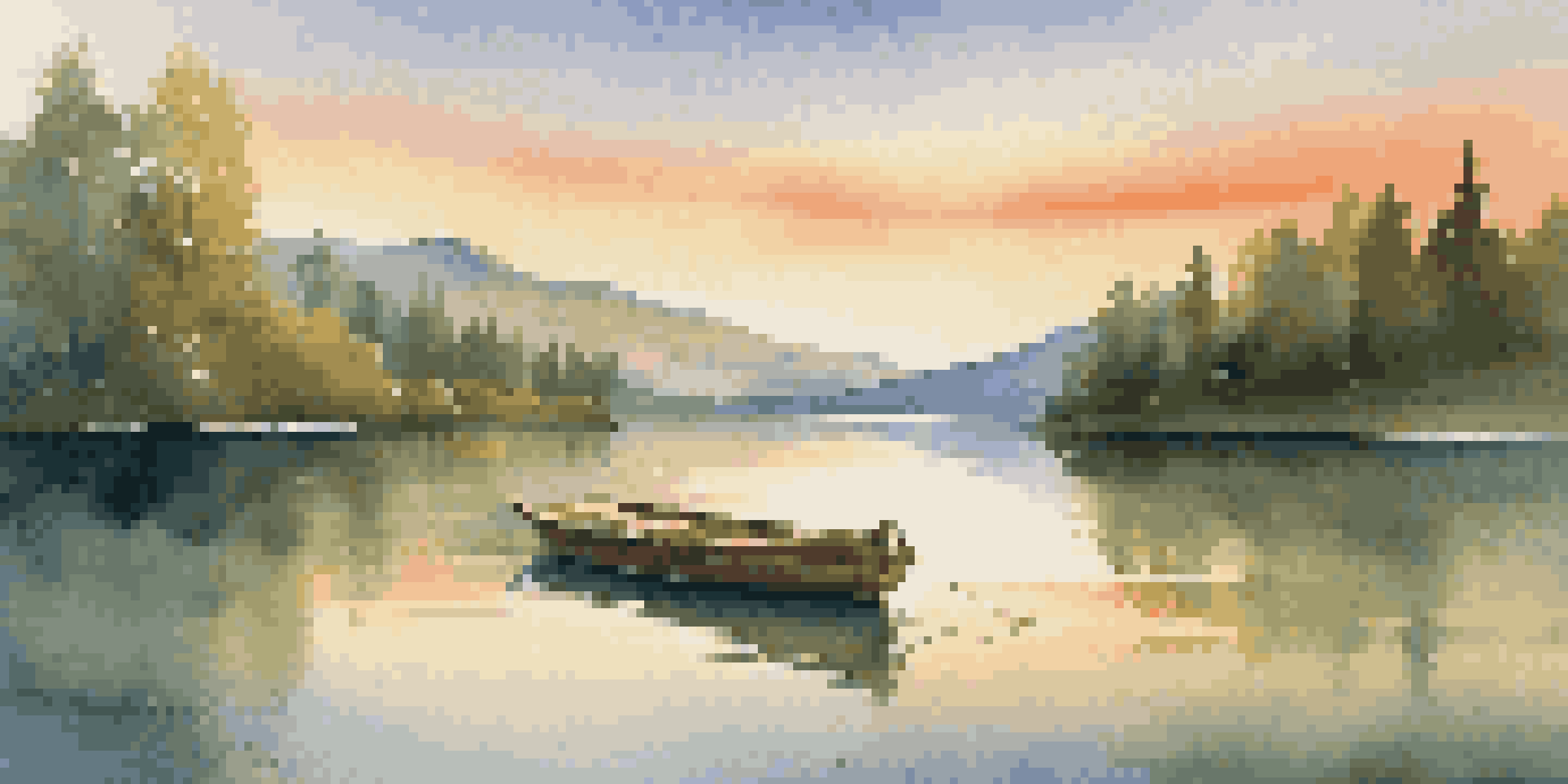 A peaceful lake scene at sunset with a wooden boat and mountains in the background.