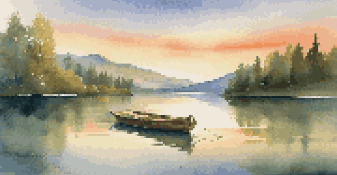 A peaceful lake scene at sunset with a wooden boat and mountains in the background.