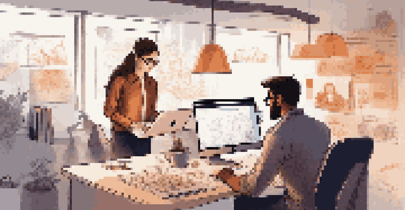 A UX designer and a developer collaborating over a laptop with sketches and design tools on the desk.