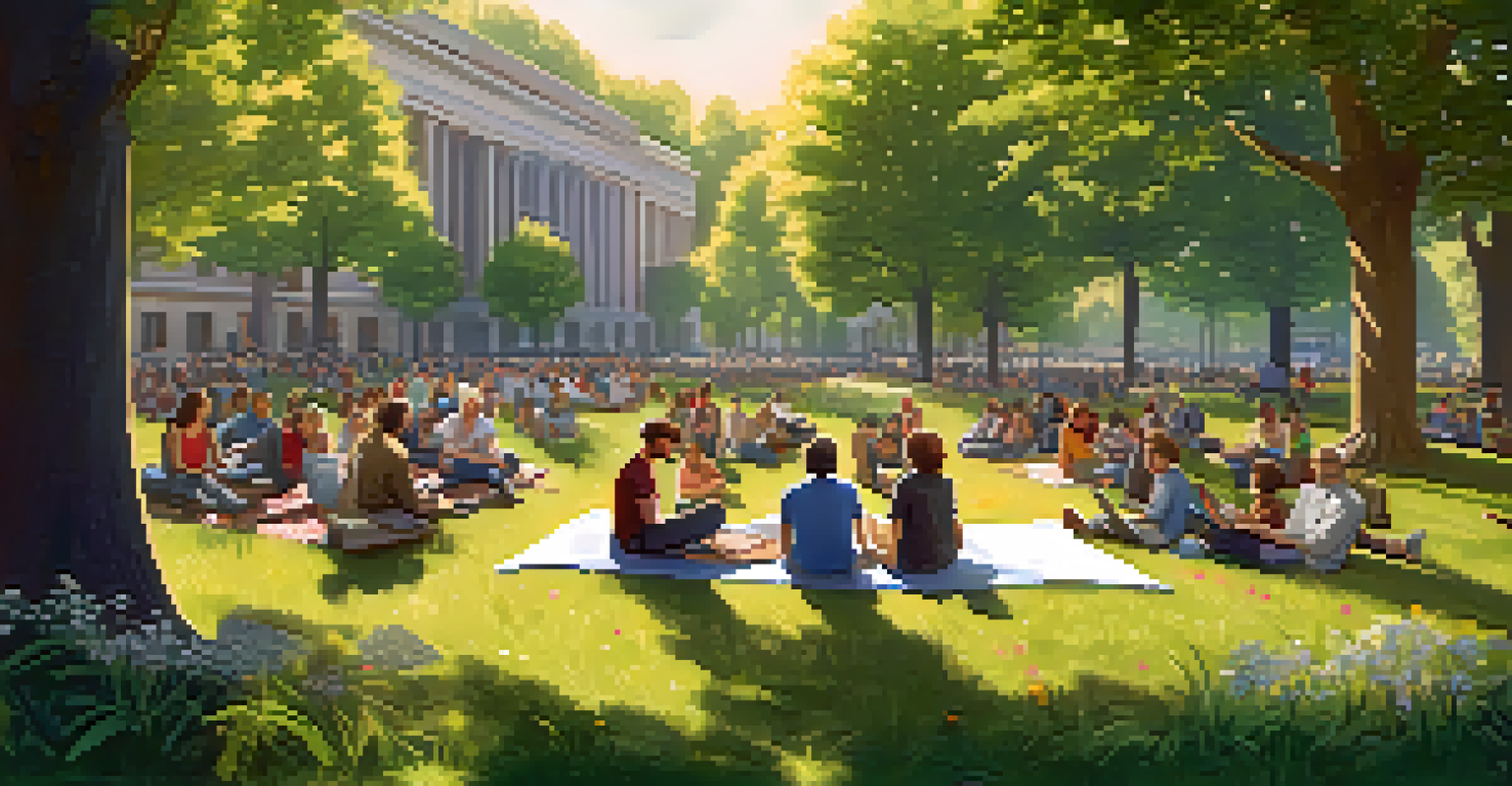A diverse community gathered outdoors, engaging in discussions about open source software on a sunny day.