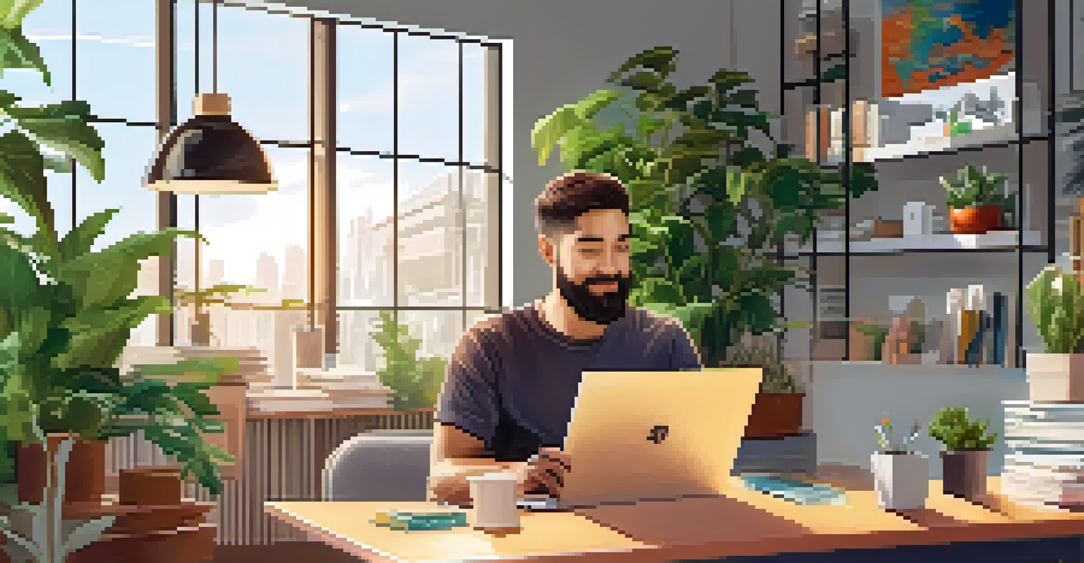 An entrepreneur at a desk with shipping boxes and a laptop, in a bright modern workspace filled with plants and quotes.