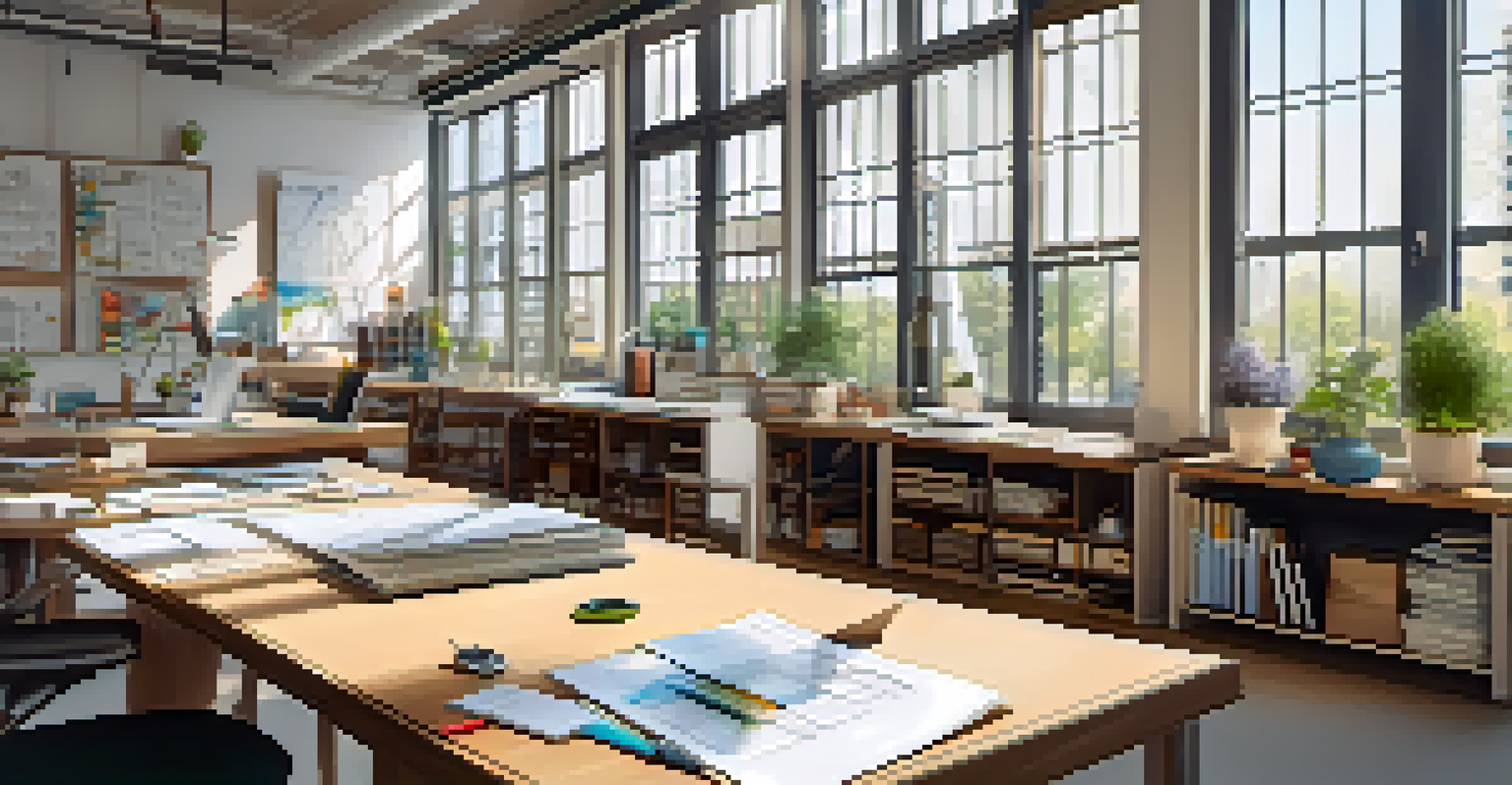 A designer's workspace filled with sketches and models of inclusive building designs, bathed in natural light, highlighting tools and user feedback.