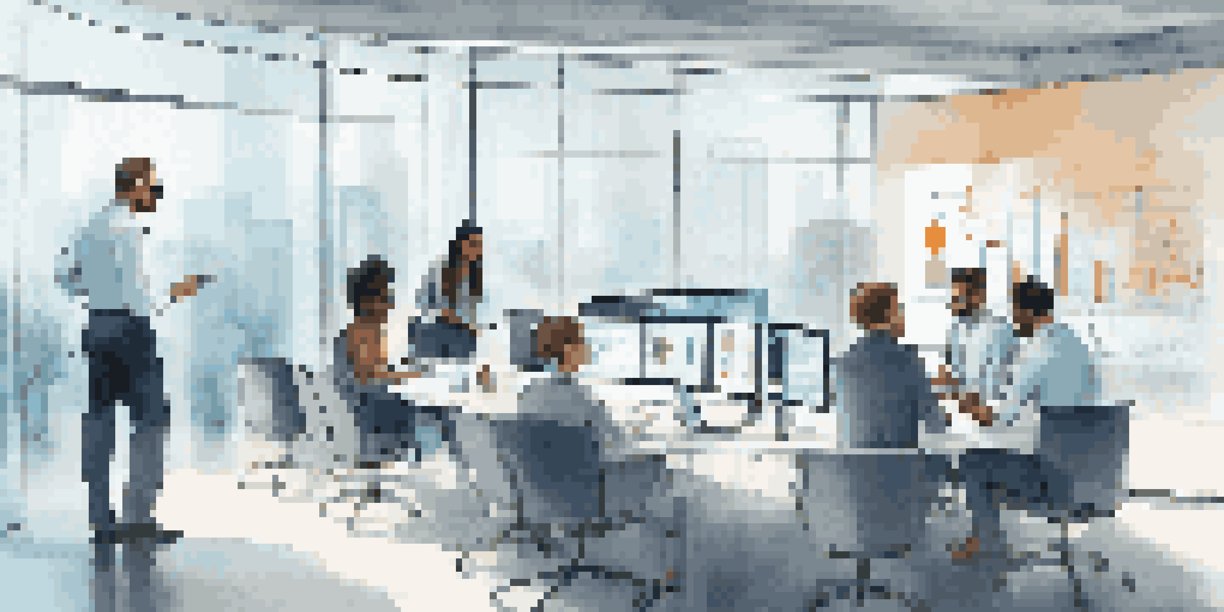 A diverse group of professionals collaborating in a bright modern office with digital screens displaying analytics.
