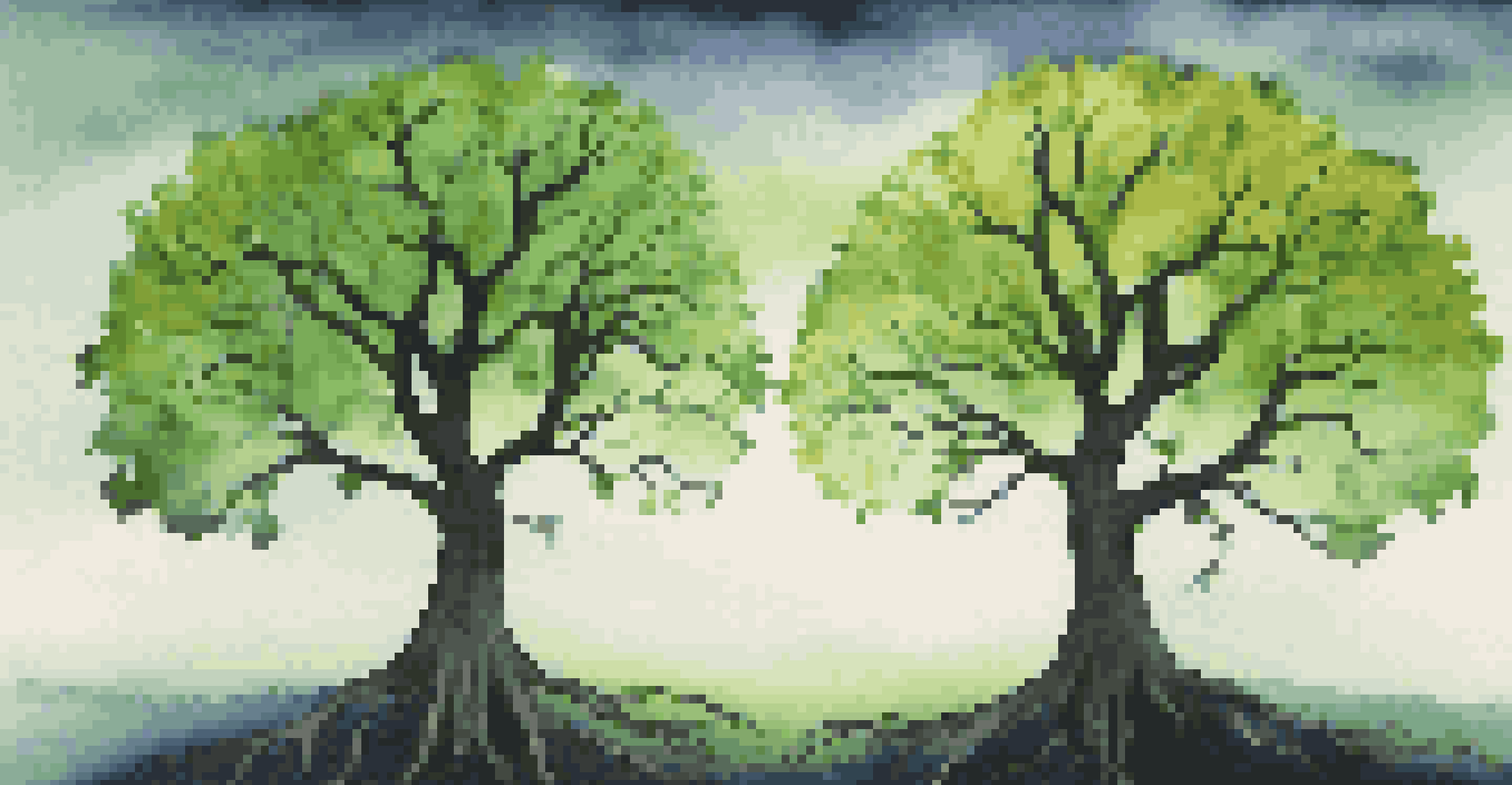 An abstract representation of microservices and legacy systems as two intertwining trees, one vibrant and flexible, the other dense and rigid, against a gradient sky.