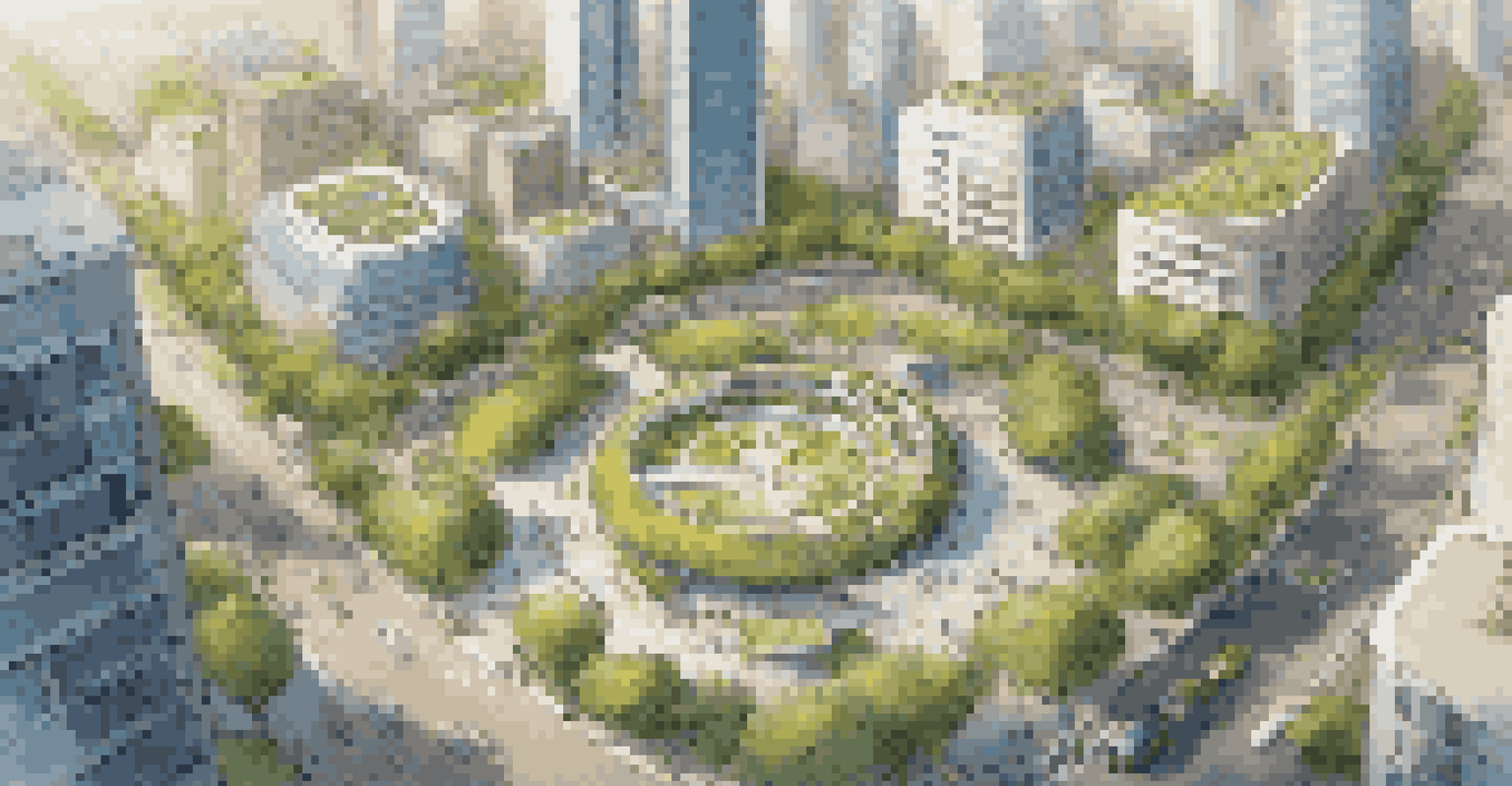 An aerial view of a smart city featuring electric vehicles, car-sharing, bike-sharing spots, and green spaces on a clear day.