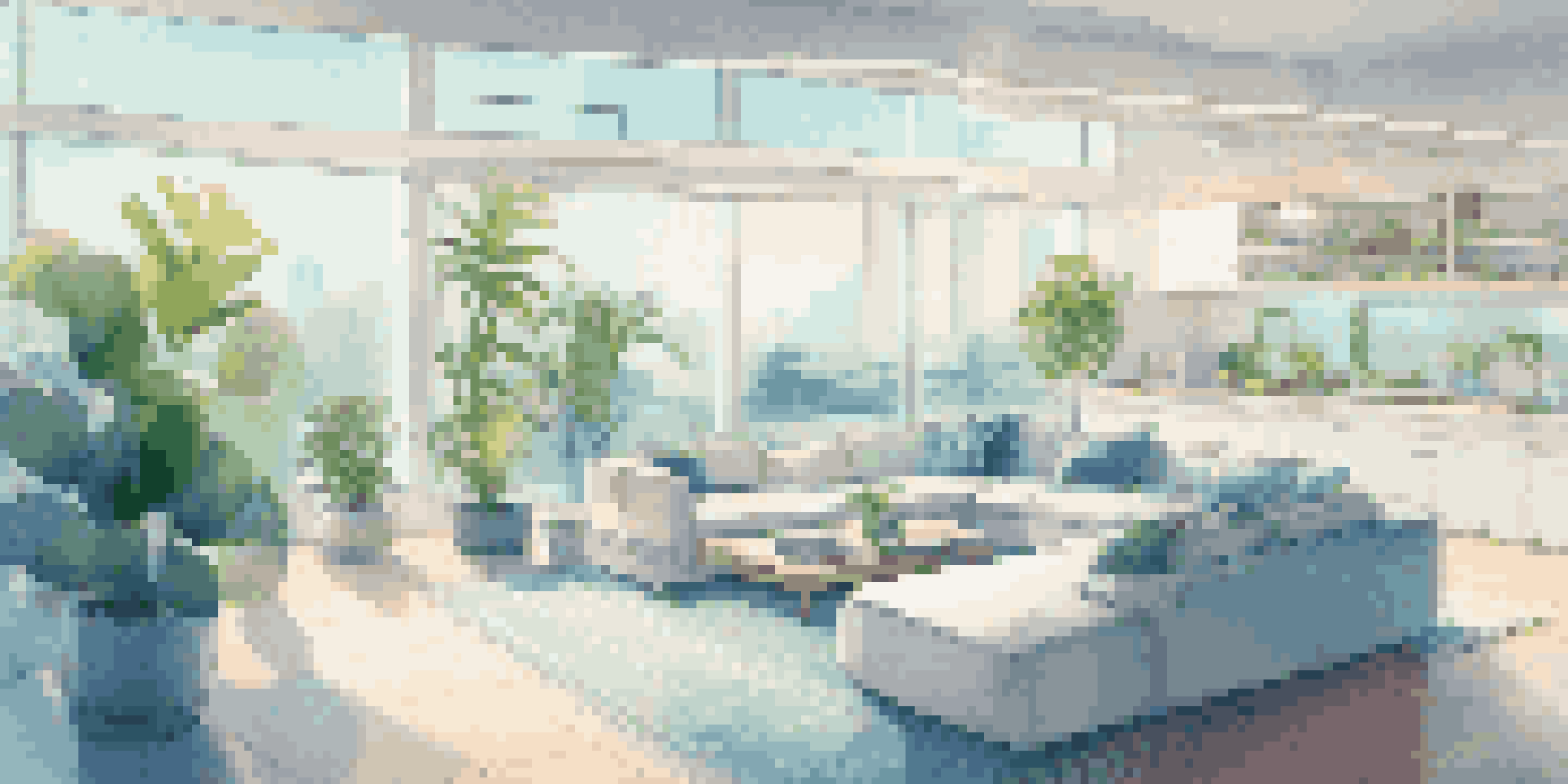 A modern smart home interior with various IoT devices, illuminated by natural sunlight, featuring a soft white and blue color scheme.
