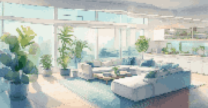 A modern smart home interior with various IoT devices, illuminated by natural sunlight, featuring a soft white and blue color scheme.