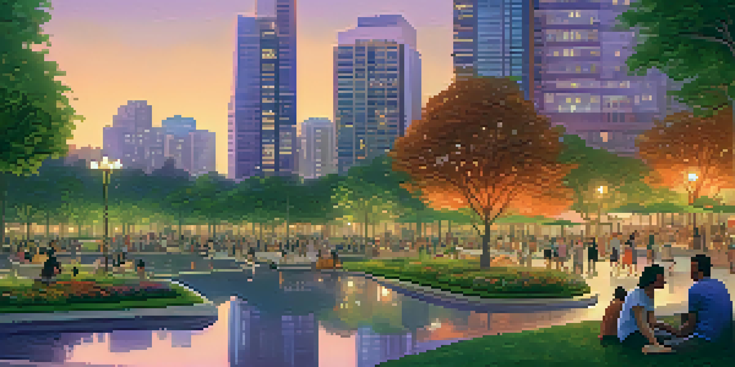 A peaceful city landscape at dusk with skyscrapers and parks, filled with diverse people.