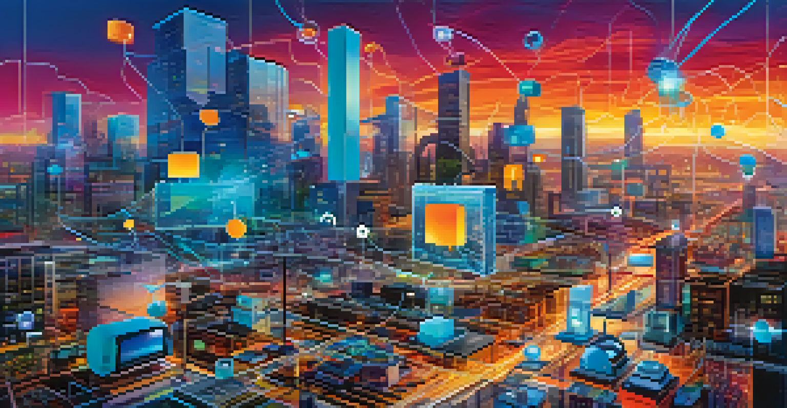 An abstract illustration of interconnected IoT devices against a futuristic city, symbolizing technology and data flow.