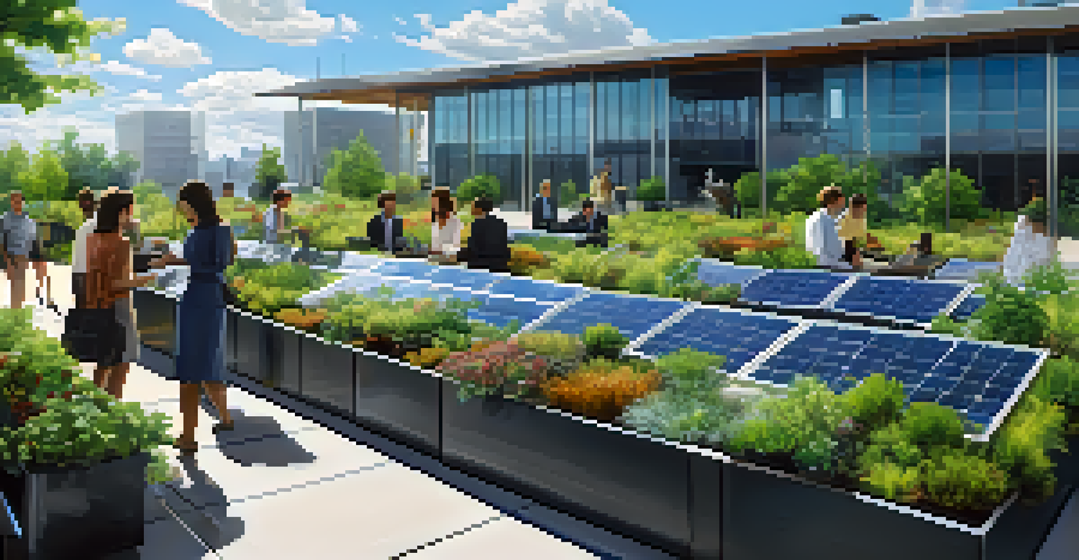 A modern office building with green rooftops and outdoor workspaces filled with plants.