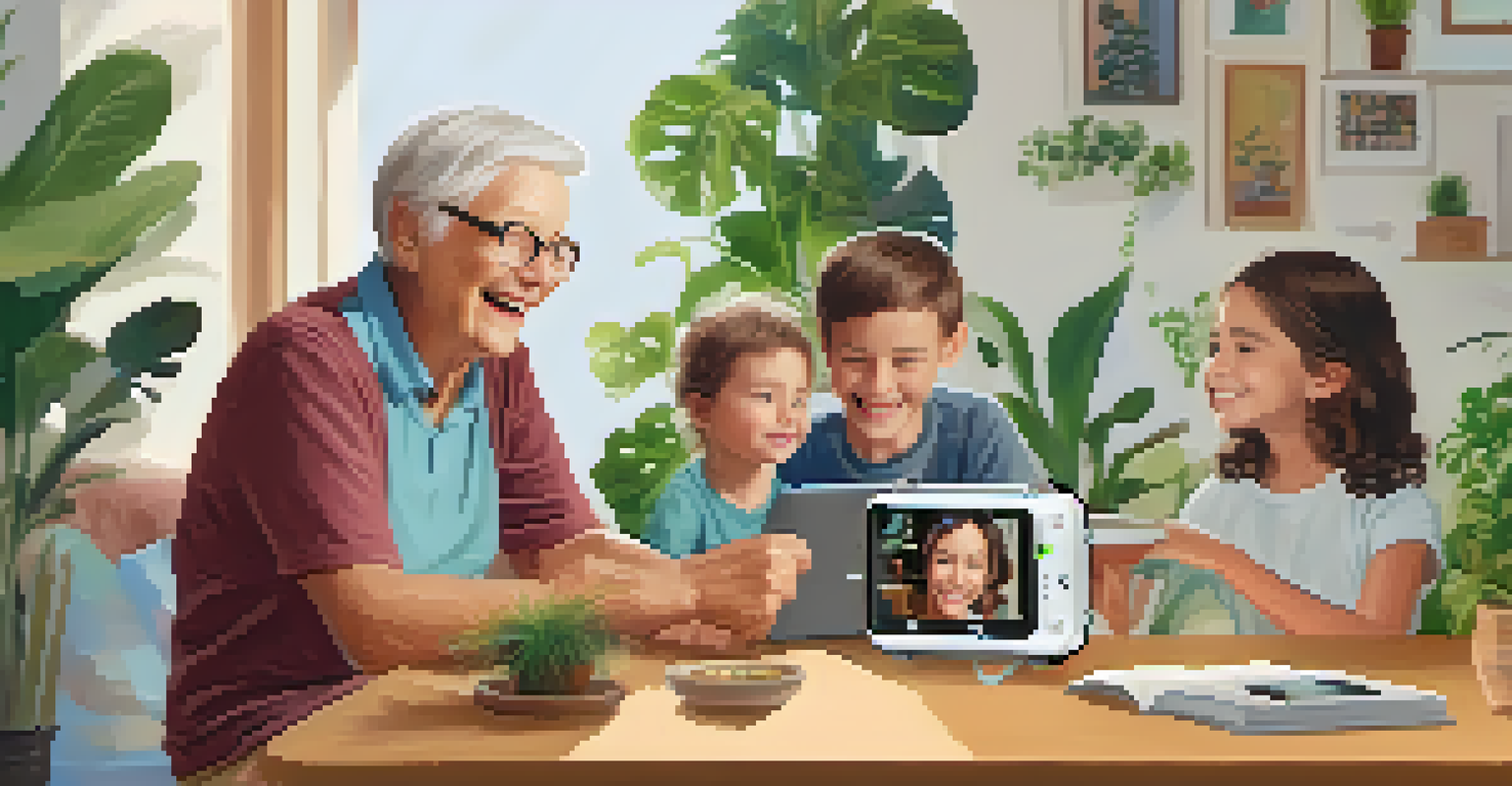 An elderly person smiling while video chatting with grandchildren using a smartwatch in a cheerful room.