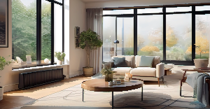 A cozy living room with a smart thermostat on the wall, large windows, and a plush sofa, creating a warm atmosphere.