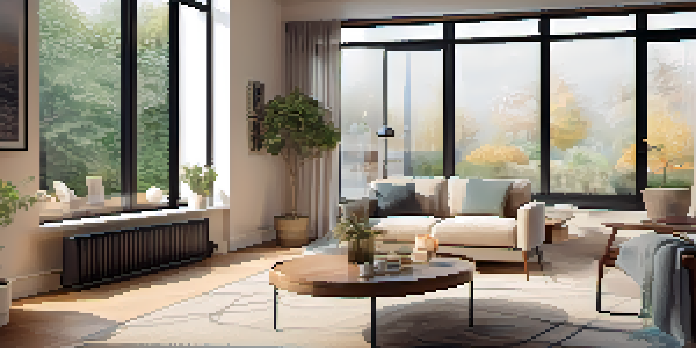 A cozy living room with a smart thermostat on the wall, large windows, and a plush sofa, creating a warm atmosphere.
