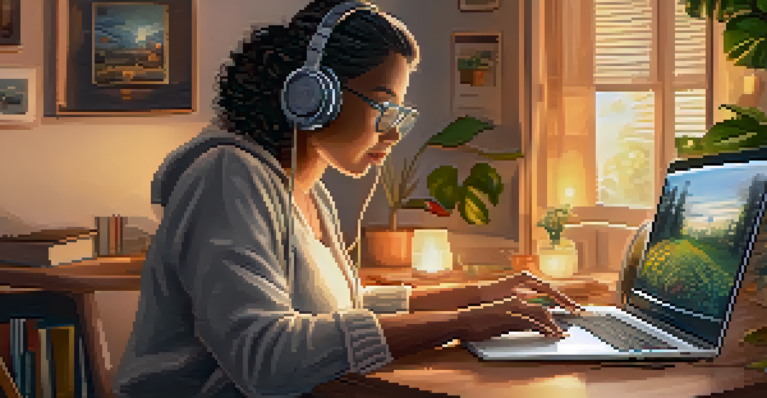 A person using a laptop with a screen reader, surrounded by audio wave graphics, in a cozy home office filled with books and plants.