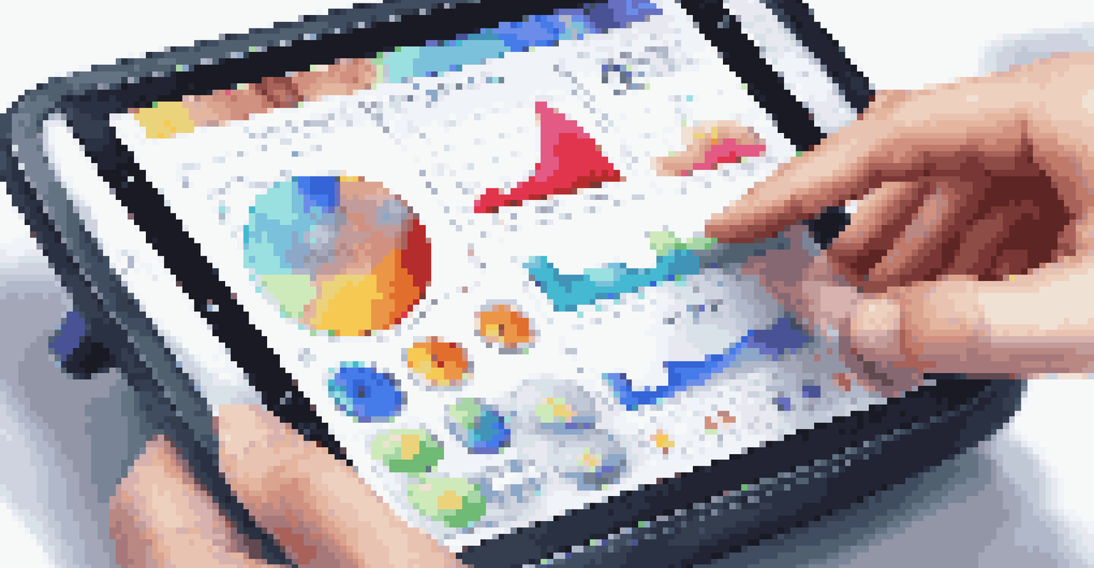 A hand touching a touchscreen device with a dynamic user interface featuring colorful buttons and graphs.